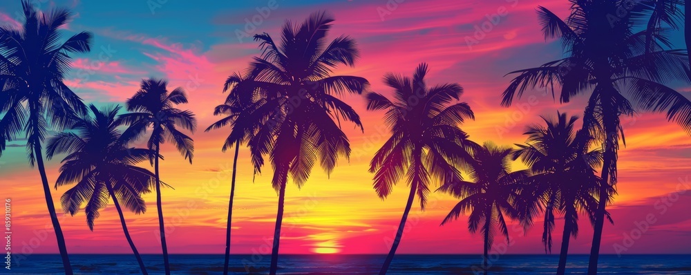 Palm trees silhouette at tropical beach sunset, panoramic view. Exotic travel and serene vacation concept Palm trees silhouette at tropical beach sunset, panoramic view. Exotic travel and serene vacation concept