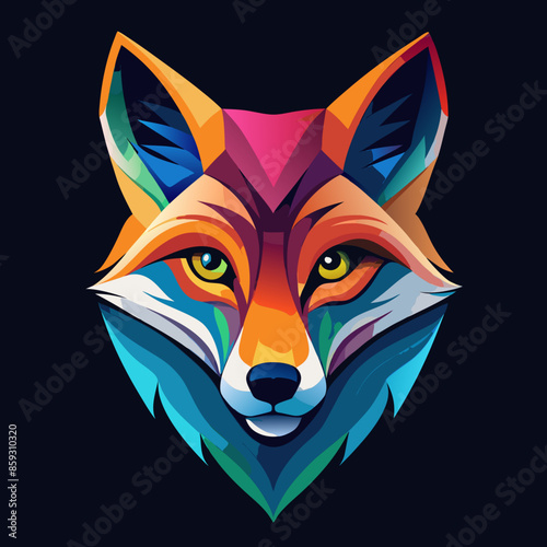 green, blue, black, magenta orange, yellow fox face on black background