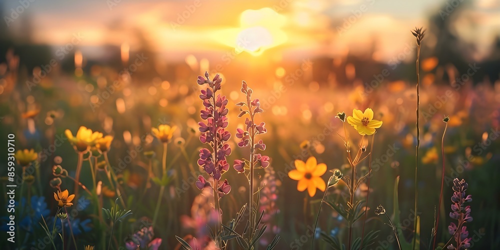 Fototapeta premium Captivating sunset scene over meadow in conservation area teeming with local wildlife and flora. Concept Sunset Photoshoot, Meadow Wildlife, Conservation Area, Flora Photography, Natural Beauty