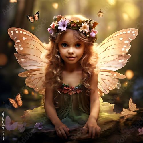 Whimsical Fairy A tiny, whimsical fairy with butterfly wings and a flower crown photo