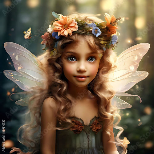 Whimsical Fairy A tiny, whimsical fairy with butterfly wings and a flower crown photo