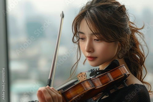 girl playing the violin, in profile, against a pure white background