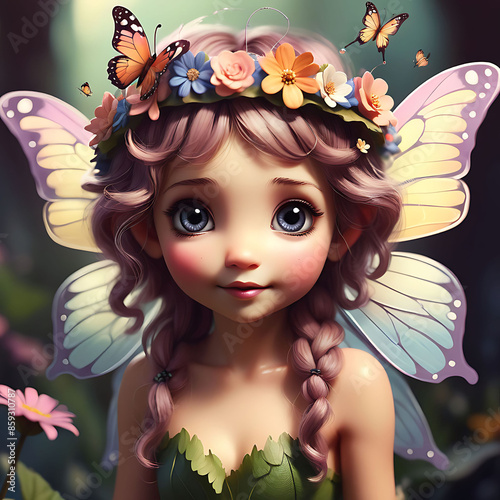 Whimsical Fairy A tiny, whimsical fairy with butterfly wings and a flower crown photo