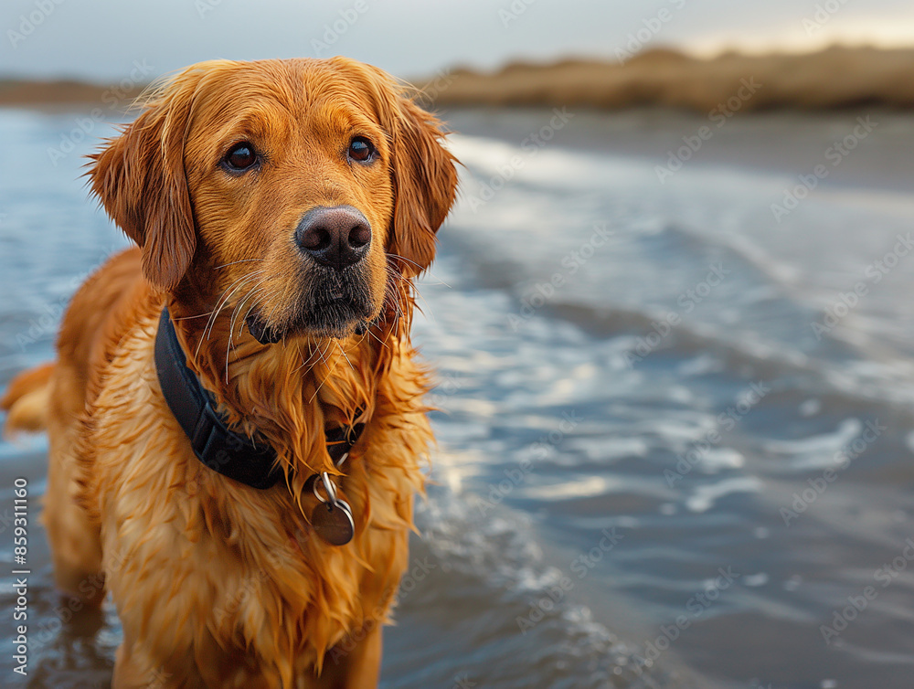 Golden Retriever dog at the beach with wet fur and sand, enjoying the water and waves near the sea Golden Retriever dog at the beach with wet fur and sand, enjoying the water and waves near the sea
