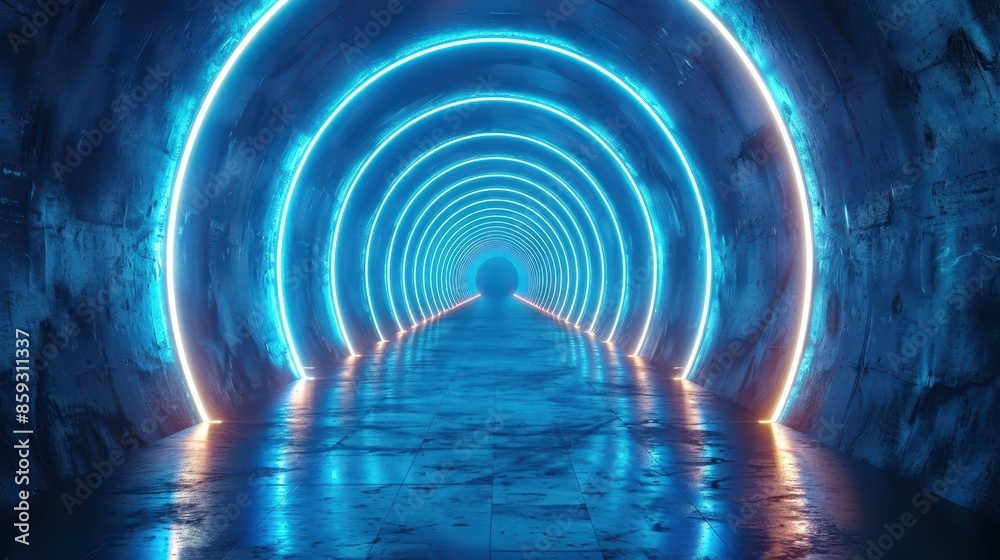 An illuminated arched tunnel with bright blue neon lights and a reflective floor, presenting a futuristic setting with a captivating and serene atmosphere. An illuminated arched tunnel with bright blue neon lights and a reflective floor, presenting a futuristic setting with a captivating and serene atmosphere.