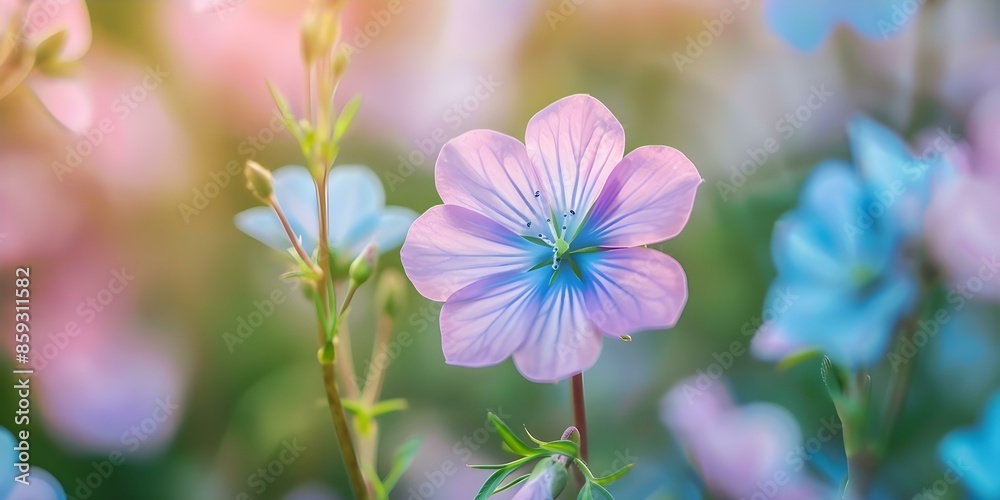 Delicate Pink Flower with Blue Center in a Garden Setting. Concept Floral Photography, Garden Aesthetics, Nature Images, Botanical Close-ups Delicate Pink Flower with Blue Center in a Garden Setting. Concept Floral Photography, Garden Aesthetics, Nature Images, Botanical Close-ups
