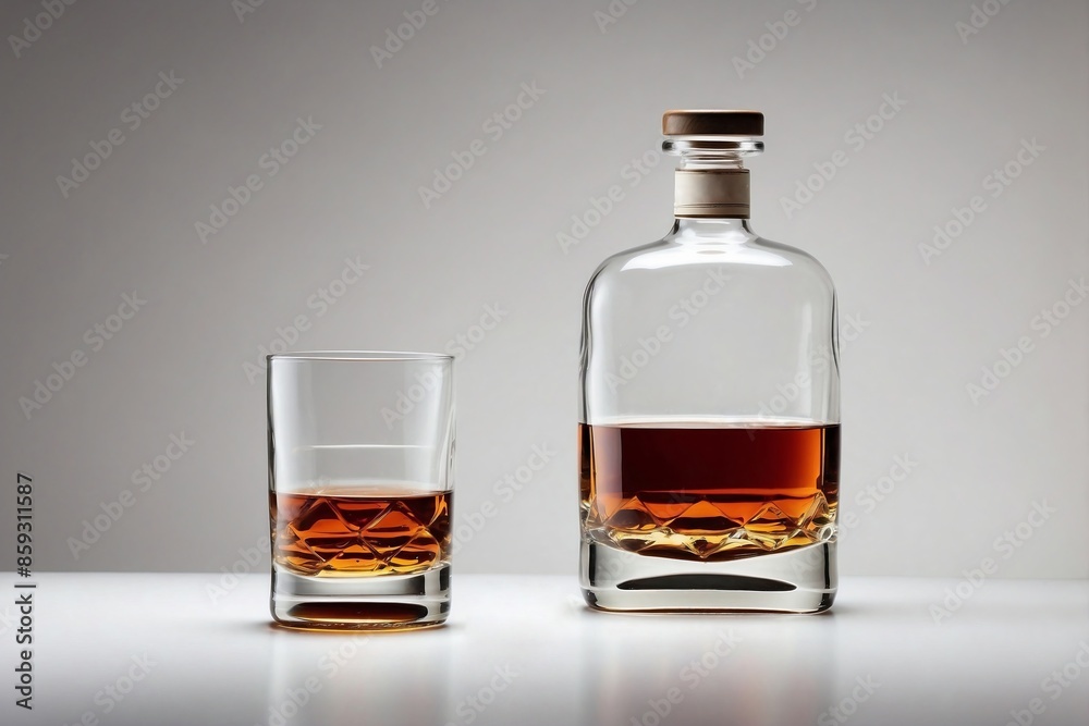 Bourbon: A minimalist bourbon bottle with a tumbler glass of bourbon. Bourbon: A minimalist bourbon bottle with a tumbler glass of bourbon.