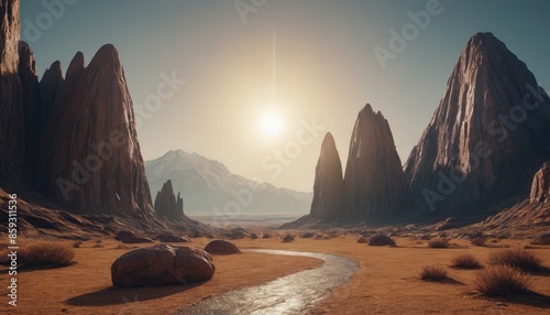 A serene desert scene featuring dramatic rock formations and a clear blue sky with the sun shining brightly photo