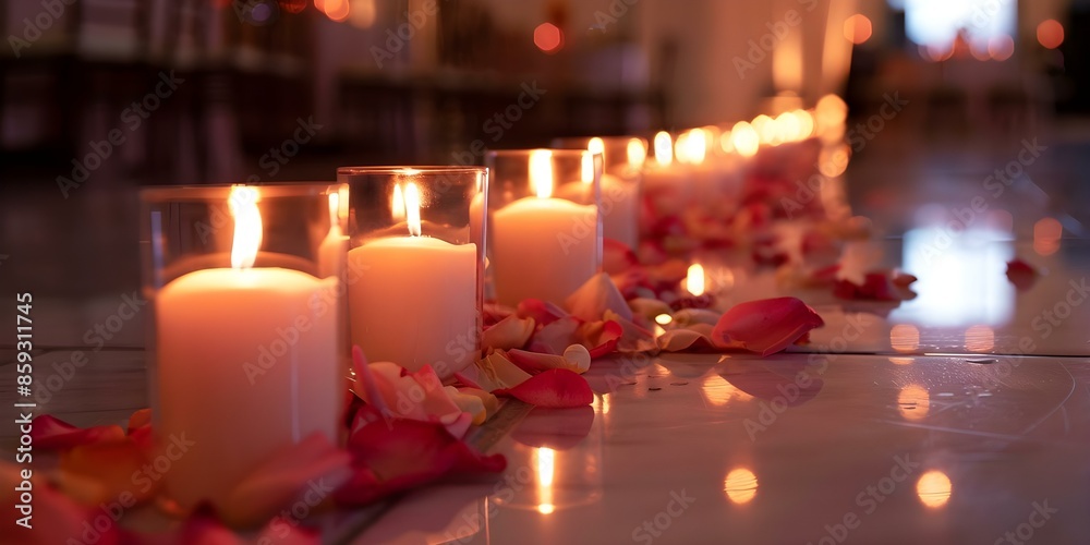 Rosescented candles line dance floor filling air with delicate fragrance. Concept Wedding Decor, Scented Candles, Dance Floor, Fragrance, Romantic Atmosphere Rosescented candles line dance floor filling air with delicate fragrance. Concept Wedding Decor, Scented Candles, Dance Floor, Fragrance, Romantic Atmosphere