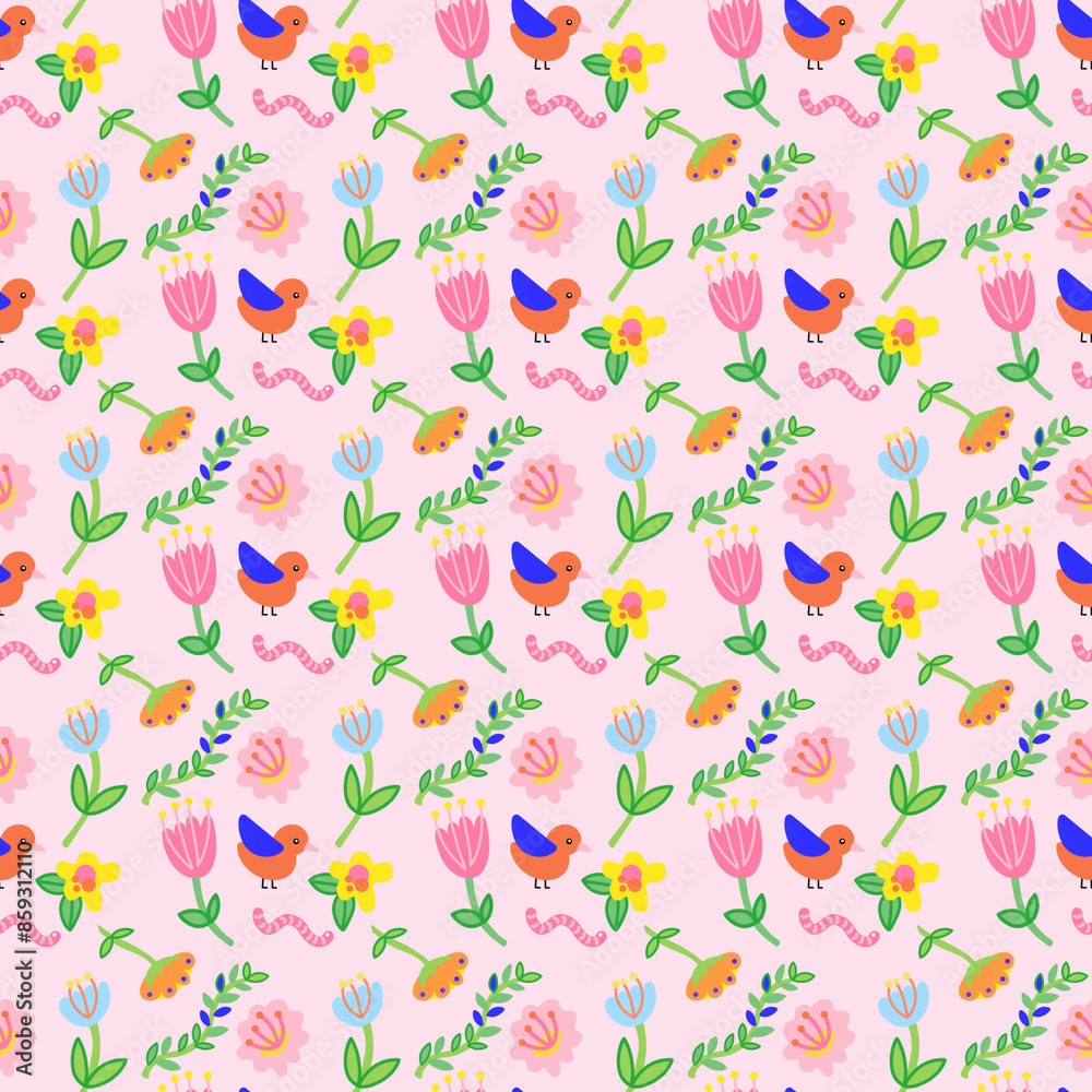 Colorful birds and flowers seamless pattern Colorful birds and flowers seamless pattern