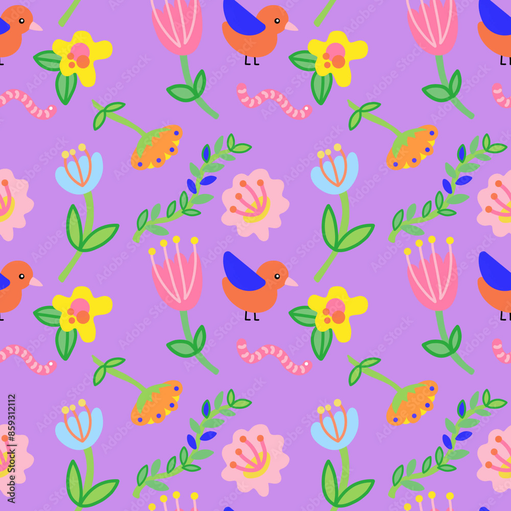 Colorful birds and flowers seamless pattern Colorful birds and flowers seamless pattern