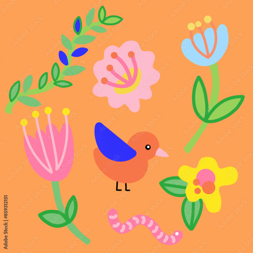 Naklejka premium Colorful birds and flowers seamless pattern