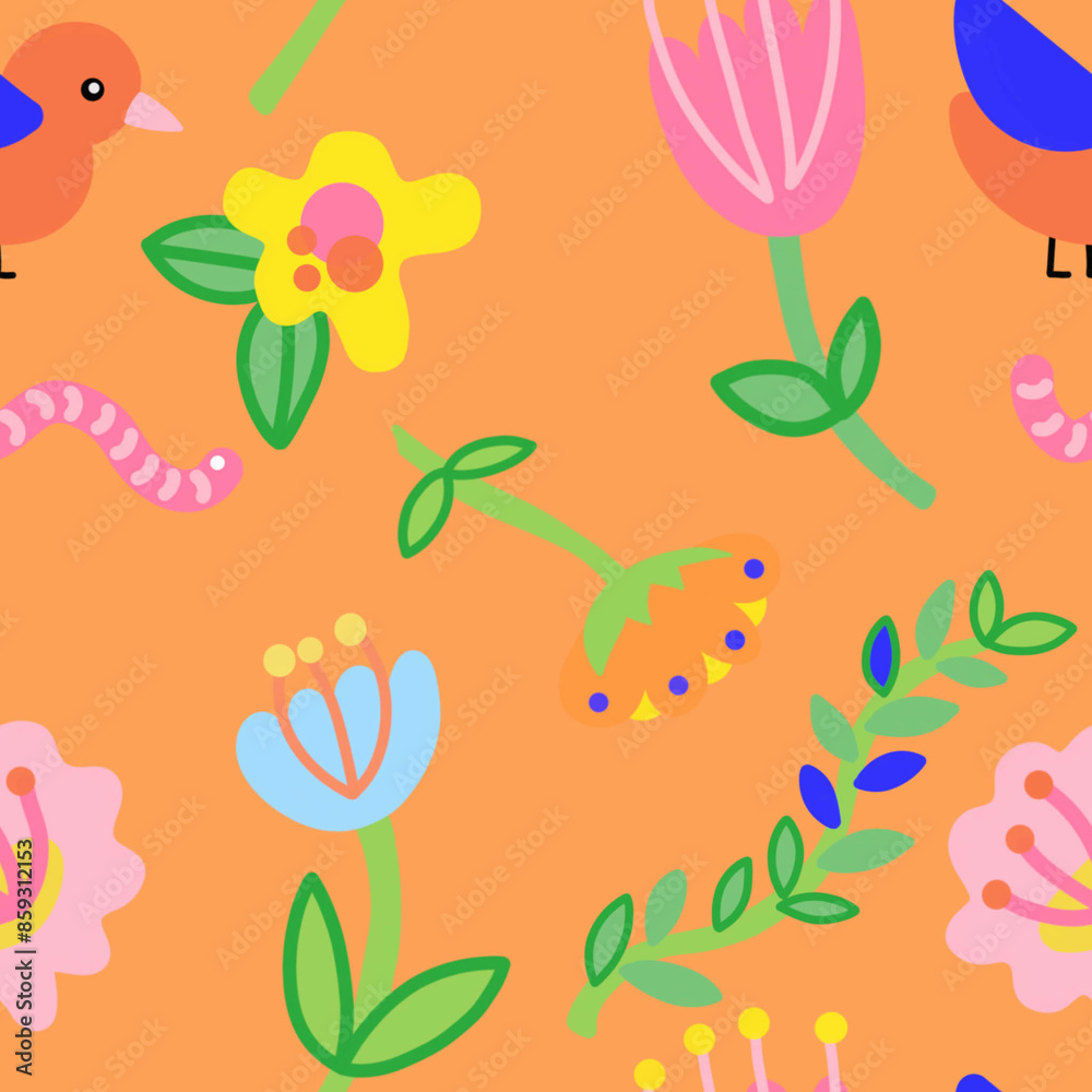 Colorful birds and flowers seamless pattern Colorful birds and flowers seamless pattern