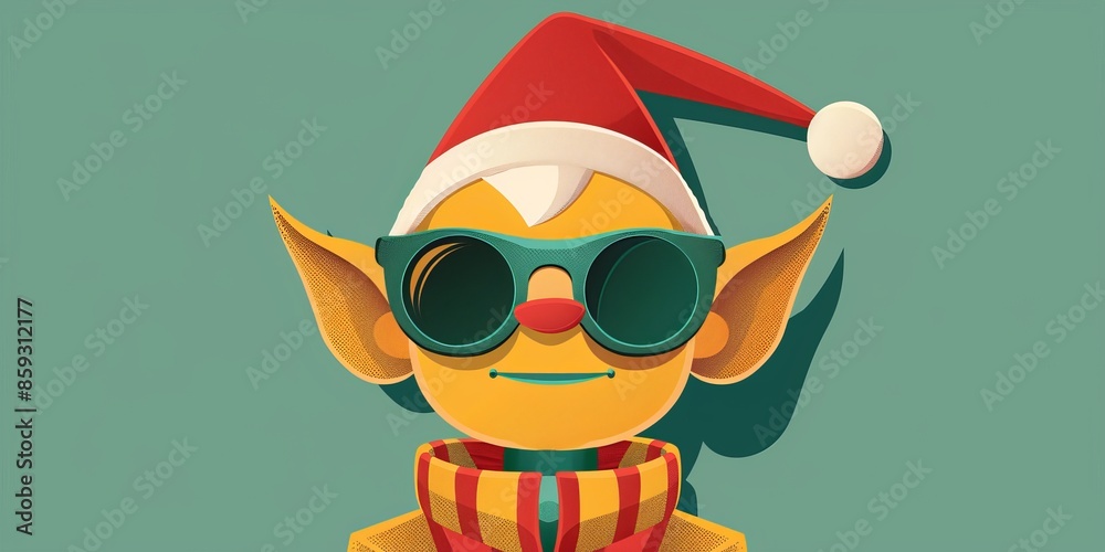 Adorable elf in sunglasses, mid-century flat vector design with Graystone, teal, and emerald colors, abstract and colorful.