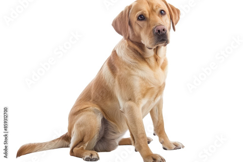 A golden labrador retriever sits calmly on a white background, looking to the side © yasmin