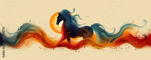 Colorful Sleipnir in mid-century style, featuring blue, green, and orange hues in a flat vector design.