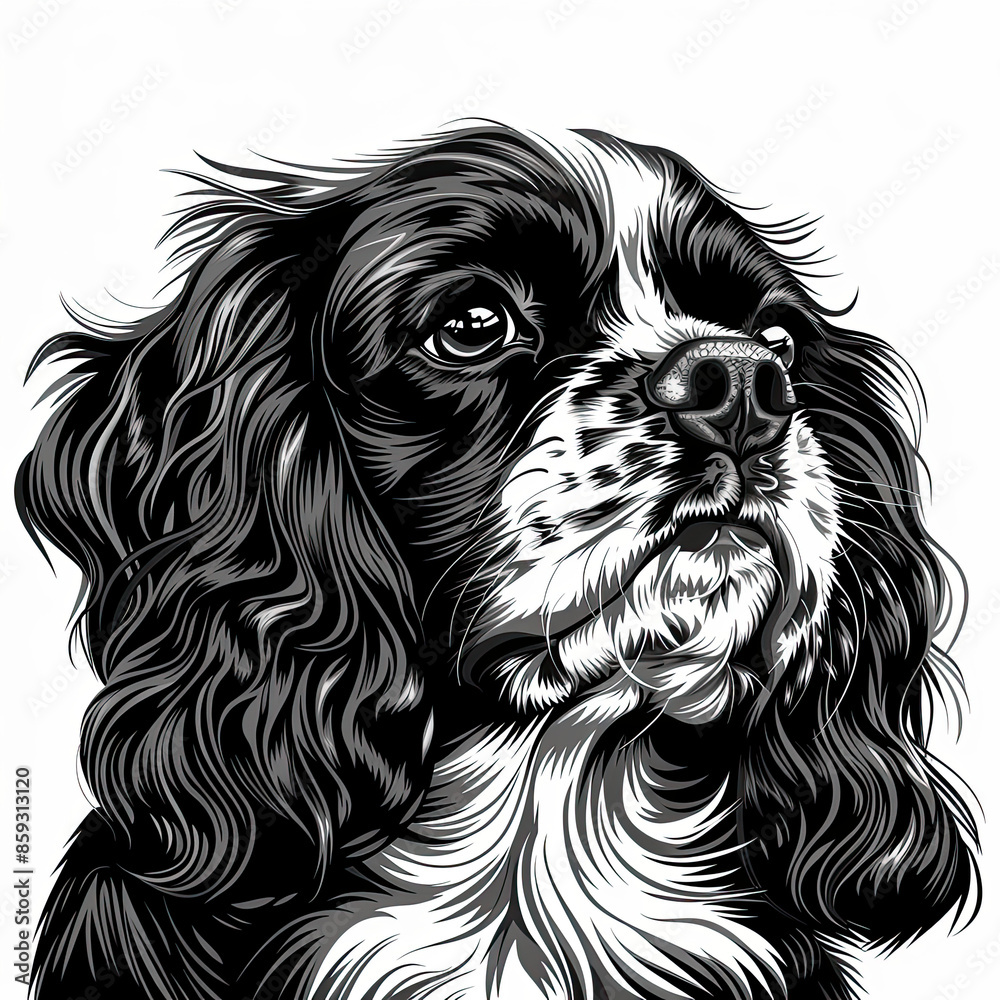 A black and white drawing of a cavalier king charles spaniel dog A black and white drawing of a cavalier king charles spaniel dog