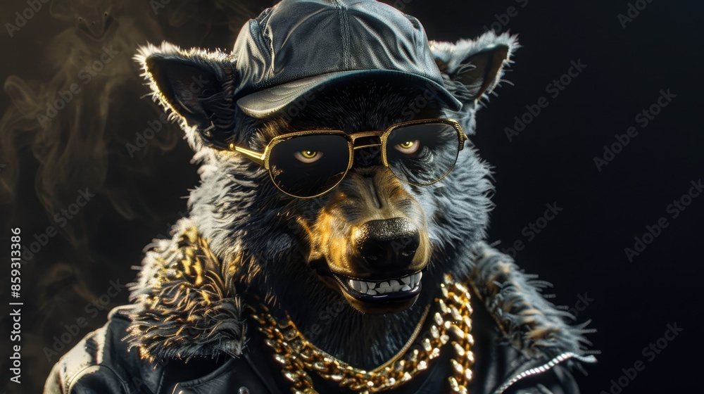 Stylized depiction of a wolf with human-like characteristics. The wolf is wearing sunglasses, a black cap, a gold chain necklace, and a black leather jacket with a fur collar Stylized depiction of a wolf with human-like characteristics. The wolf is wearing sunglasses, a black cap, a gold chain necklace, and a black leather jacket with a fur collar
