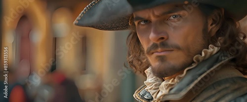 A graceful musketeer dressed in period garb, displaying courage and gallantry in a captivating Renaissance environment