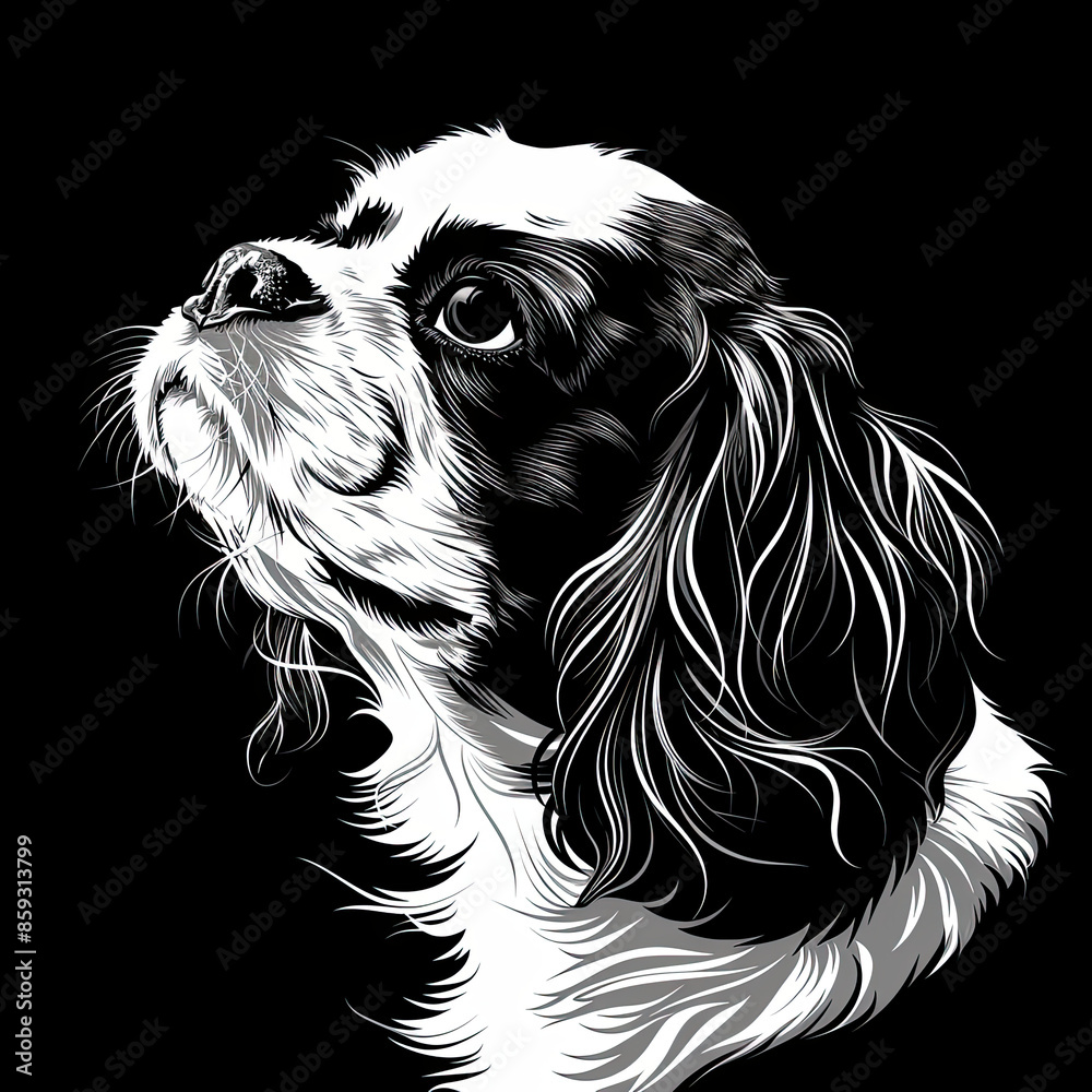 A black and white drawing of a Cavalier King Charles Spaniel dog A black and white drawing of a Cavalier King Charles Spaniel dog