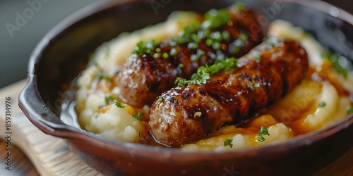 Selective focus image of British bangers and mash dish with shallow depth of field. Concept Food Photography, British Cuisine, Selective Focus, Shallow Depth of Field photo