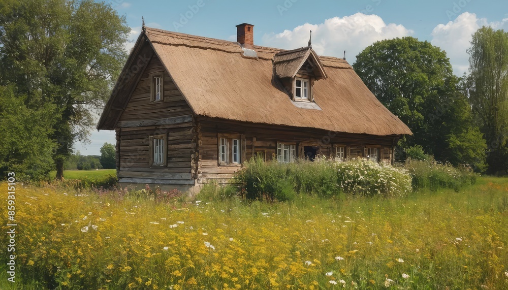 A charming rural scene featuring a wooden house, lush fields, and a variety of wildflowers under a sunny sky A charming rural scene featuring a wooden house, lush fields, and a variety of wildflowers under a sunny sky