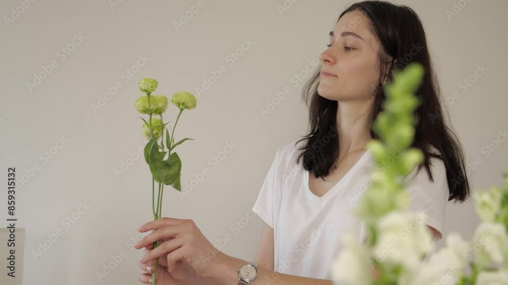 florist woman picks up a flower. fresh flowers in shop. hydrangeas, eustomas, dahlias, chrysanthemums in a vase in a flower shop. florist collects and examines a fresh festive bouquet. florist woman picks up a flower. fresh flowers in shop. hydrangeas, eustomas, dahlias, chrysanthemums in a vase in a flower shop. florist collects and examines a fresh festive bouquet.