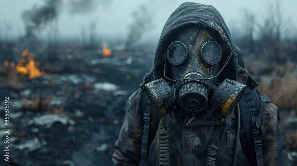 A haunting image of a man wearing a gas mask standing in a desolate, smoky landscape, symbolizing struggle, survival, and the harsh reality of a post-apocalyptic world filled with destruction. A haunting image of a man wearing a gas mask standing in a desolate, smoky landscape, symbolizing struggle, survival, and the harsh reality of a post-apocalyptic world filled with destruction.