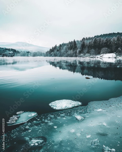Serene lake with frazil ice, lone beaver gracefully swimming. photo