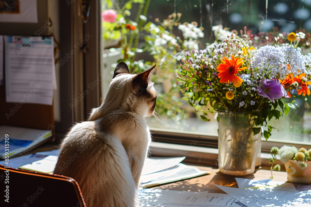 Obraz premium a cat sitting on a desk looking out a window