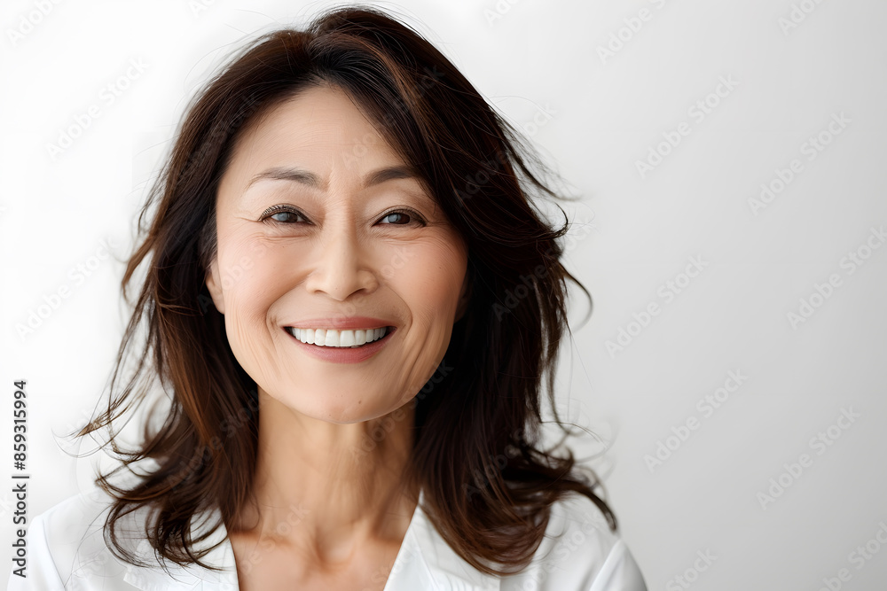 Closeup Portrait of pretty smiling mature asian woman isolated on white background Closeup Portrait of pretty smiling mature asian woman isolated on white background