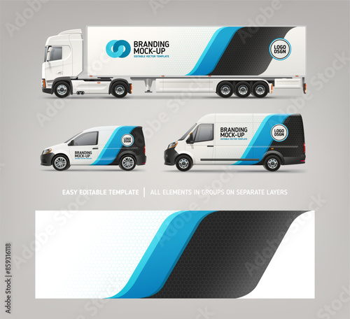 Realistic vector Van, truck trailer mockup with blue stripes design for branding and corporate identity. Abstract graphics of blue and black stripes for business flyer background