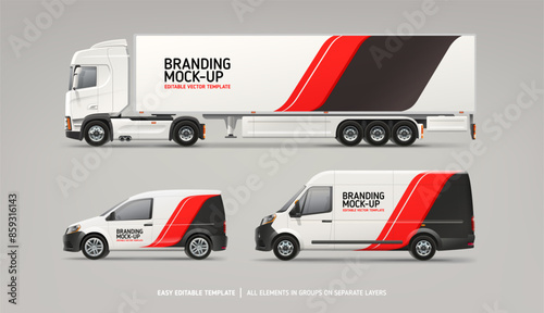 Editable vector Van, Truck mockup with branding and corporate identity decal. Abstract graphics of red and black stripes for business flyer background.  Brand identity concept