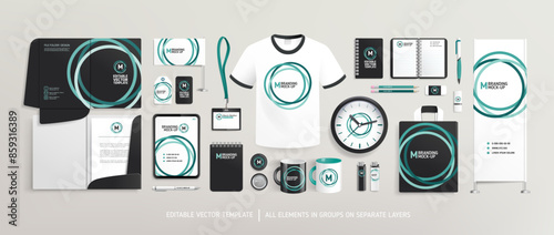Business brand identity layout with office stationery items Mock-Up set 2. Abstract graphics design for Corporate Style Company and Brand Identity on stationery items, AD banner folder, t-shirt, bag