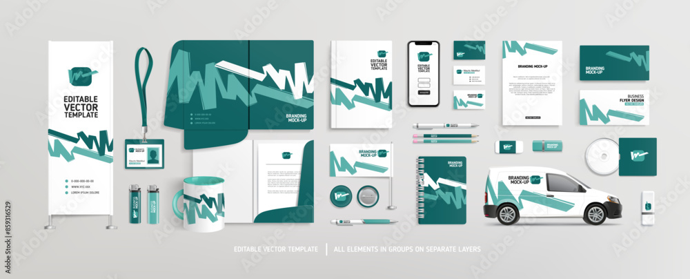 Pefect vector Brand Identity concept of stationery Mock-Up set with green abstract graphics. Corporate style layout and stationery mockup template of File folder, annual report, van car, AD banner Pefect vector Brand Identity concept of stationery Mock-Up set with green abstract graphics. Corporate style layout and stationery mockup template of File folder, annual report, van car, AD banner