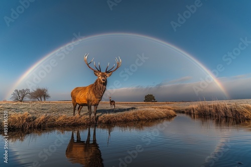 Peaceful scene moonbow arches over serene lake, lone deer sips from water's edge. photo