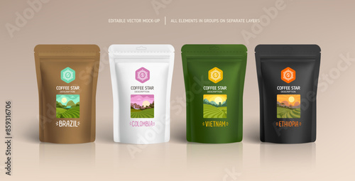 "Coffee Star" brand identity with logo design on food zip-package mock-up 2. Coffee collection with brand logo concept. Stand-up foil or paper pouch - vector template 