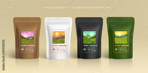 Coffee zip package stand-up pouch mock-up for brand identity presentation - vector layout. Coffee collection with  logo concept and paper food packaging design