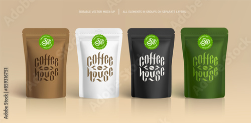 "Coffee House" zip package stand-up pouch mock-up for brand identity presentation - vector template. Coffee Shop logo concept and paper food packaging design