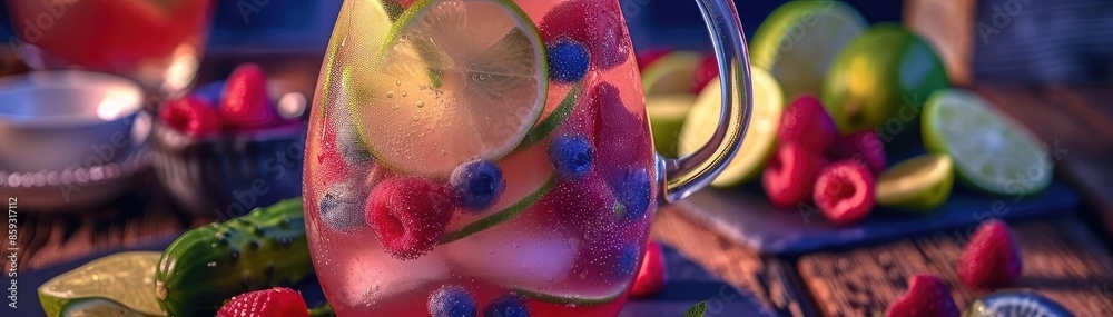 Fototapeta premium A refreshing summer drink with lemon, raspberry, and cucumber slices in a pitcher, surrounded by fresh ingredients on a wooden table.