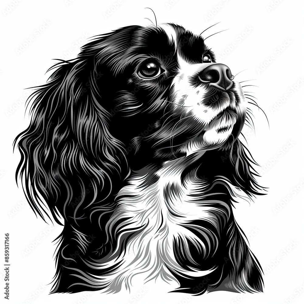 A black and white drawing of a cavalier king charles spaniel dog A black and white drawing of a cavalier king charles spaniel dog