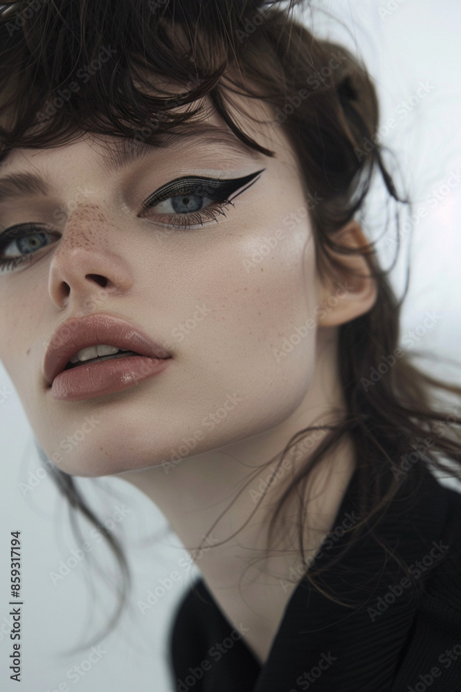 editorial headshot of a beautiful brunette irish model wearing graphic makeup editorial headshot of a beautiful brunette irish model wearing graphic makeup
