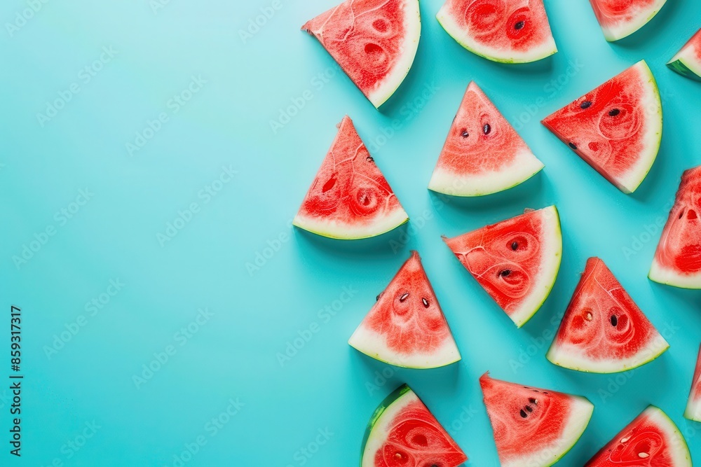 juicy sliced watermelon on a bright blue background refreshing summer fruit vibrant color contrast juicy sliced watermelon on a bright blue background refreshing summer fruit vibrant color contrast