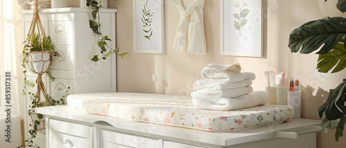 Cozy and minimalist baby changing table setup with soft towels, diaper essentials, and botanical decor. Perfect for a serene nursery environment.