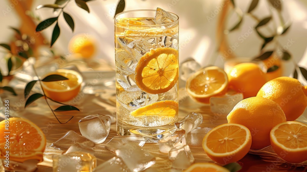 Refreshing lemon water with ice cubes in a glass surrounded by fresh lemons and leaves, bathed in warm sunlight. Refreshing lemon water with ice cubes in a glass surrounded by fresh lemons and leaves, bathed in warm sunlight.