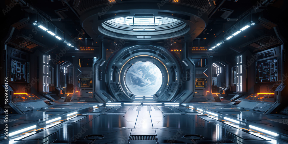 Interior of a space ship. futuristic sci-fi background. Created with Generative AI technology. Interior of a space ship. futuristic sci-fi background. Created with Generative AI technology.