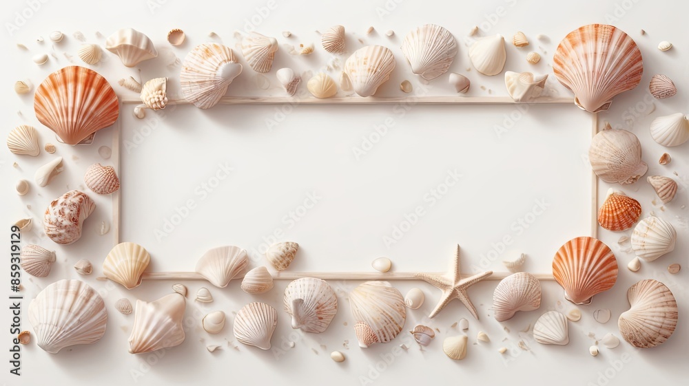 Obraz premium Simple frame of shells and starfish on beach sand on background, Ai generated