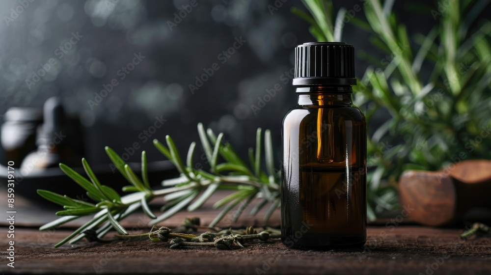 Essential oil of rosemary in dark bottle with fresh rosemary on wooden surface and empty space for text Essential oil of rosemary in dark bottle with fresh rosemary on wooden surface and empty space for text