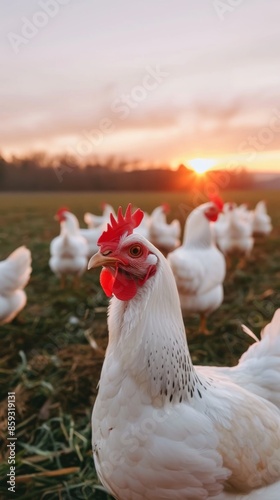 Free-range chickens at sunset in a rural field, close-up of a white hen with red comb. Agricultural sustainability concept