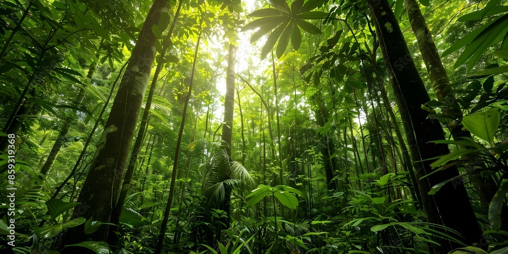 Fototapeta premium Immersive Forest Scene Towering Trees, Thick Foliage, and Sunlight Peeking Through Canopy. Concept Forest Escapade, Nature Photography, Enchanting Woods, Lush Greenery, Magical Sunlight Through Trees